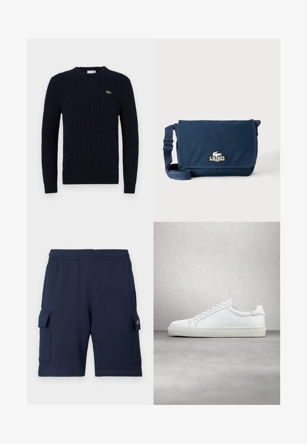 Marineblauwe gebreide trui met kabelpatroon, ronde hals, geribde mouwen en zoom, en een klein groen krokodillenlogo op de borst.; Marineblauwe cargoshorts gemaakt van zachte stof, met een elastische tailleband, twee zijzakken en een klein logoaccent op de linkerzak.; Witte sneaker met een gladlederen bovenwerk en een laag profiel. Voorzien van een ronde neus, zes vetergaatjes en een gestructureerde rubberen zool.; Marineblauwe Lacoste messenger bag met verstelbare riem en logopatch op de voorslag, tegen een effen lichte achtergrond.