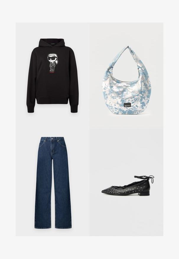 Μαύρη hoodie με γραφικό χαρακτήρα καρτούν σε λευκό, που φορά γυαλιά ηλίου και κοστούμι, με το κείμενο "KARL LAGERFELD" σε κόκκινο χρώμα από κάτω.; Τζιν παντελόνια με φαρδιά πόδια από σκουρόχρωμο τζιν ύφασμα. Διαθέτουν κλασικό σχεδιασμό με πέντε τσέπες, κούμπωμα με κουμπί και διακριτική ξεθώριαση στα γόνατα.; Μαύρα δερμάτινα μπαλαρίνα παπούτσια με μυτερή μύτη, σχέδιο δέσιμο με κορδόνια και ασημένιες τρυπητές λεπτομέρειες κατά μήκος των πλευρών. Χαμηλό, τετράγωνο τακούνι.; Τσάντα ώμου από μπλε και λευκό ύφασμα tie-dye με κυρτό σχήμα και μαύρη μάρκα λογότυπου Karl Lagerfeld Jeans στο μπροστινό μέρος.