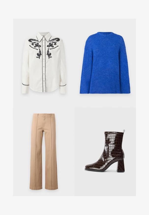 Pull en maille bleu avec un col rond, des manches larges et un ourlet côtelé. Texture douce avec une coupe légèrement ample.; Chemise en coton blanche ornée de broderies florales noires sur la poitrine, de passepoils noirs le long du col et des poignets, et d'une fermeture à boutons.; Pantalon beige à jambe droite avec coutures centrales à l'avant, passants pour ceinture et fermeture éclair sur un fond clair uni.; Bottine en cuir verni marron foncé, avec texture crocodile, talon carré et tirant à l'arrière sur fond blanc.