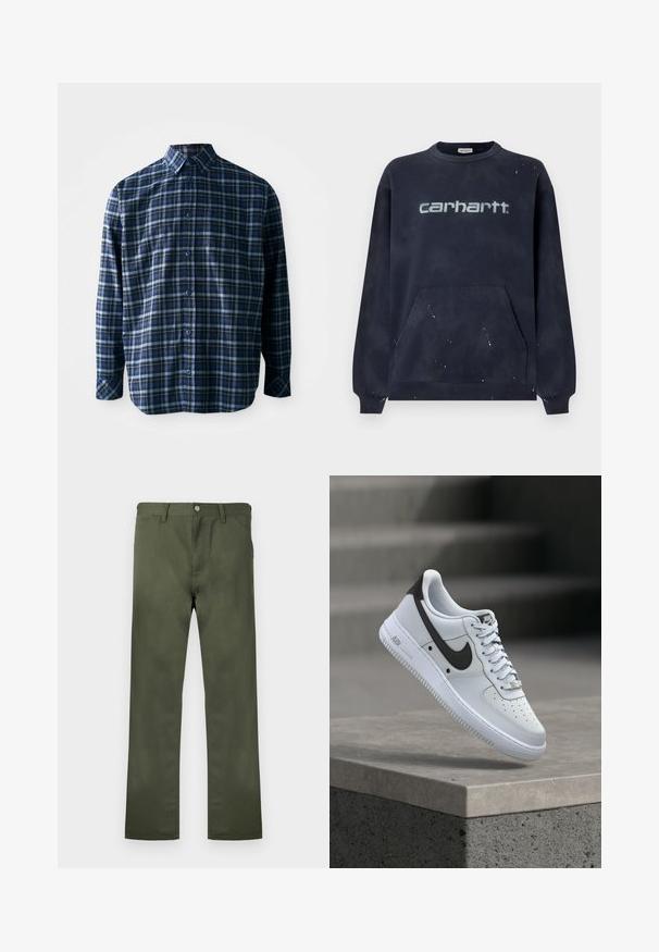 Sweat-shirt bleu marine foncé avec une poche avant, des poignets côtelés et un logo blanc délavé ; le tissu présente un motif moucheté.; Chemise à carreaux bleue et noire en coton, avec un devant à boutons, des manches longues et une poche sur la poitrine. Tissu texturé.; Pantalon vert olive en tissu durable, avec une coupe droite, des poches avant et une fermeture à bouton. Texture lisse.; Baskets blanches Nike Air Force 1 avec logo Swoosh noir, flottant au-dessus d'un rebord en béton avec des escaliers flous en arrière-plan.
