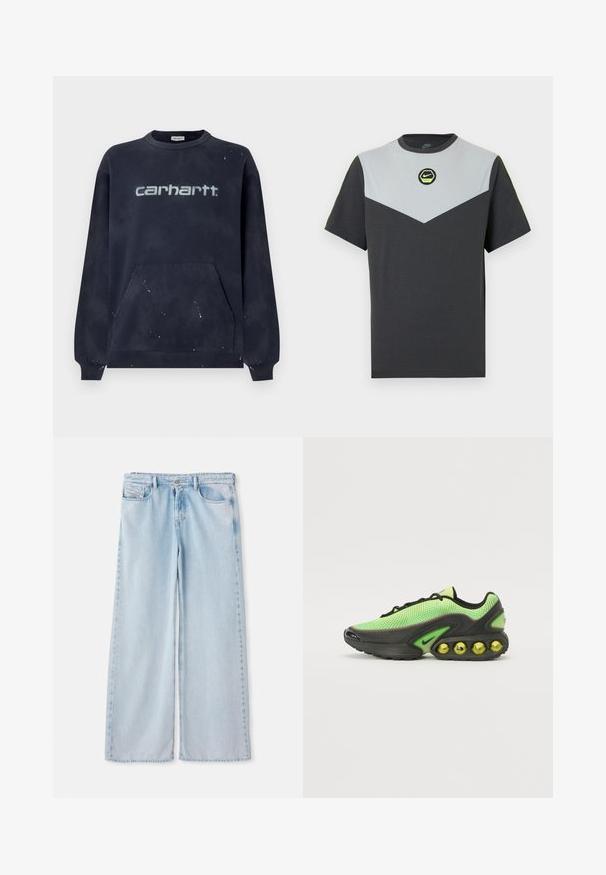 Mørkeblå sweatshirt med en frontlomme, ribbede manchetter og en falmet hvid logo; stoffet har et plettet mønster.; Kortærmet Nike T-shirt i mørkegrå og lysegrå med et chevron-design, cirkulært logo i grøn og kontrasterende neon accenter ved skuldrene.; Lysblå brede jeans med et klassisk fem-lomme design, der har en standard talje og uafsluttede kanter. Blødt denim med let falmning.; Nike sneakers med en mesh-overdel i lys grøn, sorte accenter og en karakteristisk sål med synlige gule luftbobler.