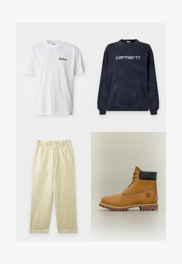 Dunkelblaues Sweatshirt mit einer Fronttasche, gerippten Bündchen und einem verblassten weißen Logo; Stoff zeigt ein gesprenkeltes Muster.; Weißes Baumwoll-T-Shirt mit kurzen Ärmeln und Rundhalsausschnitt. Mit schwarzem "Dickies"-Logo, das auf der linken Brustseite aufgedruckt ist.; Beige Baumwollhosen mit lockerem Schnitt, ausgestattet mit Seitentaschen, Gürtelschlaufen und geraden Beinen. Glatte Textur mit minimalen Nahtdetails.; Brauner Leder-Stiefelette mit schwarzem Kragen, gelben Schnürsenkeln und hellbrauner Sohle. Verfügt über ein Logo und weiße Ziernähe. Robuste Profilsohle.
