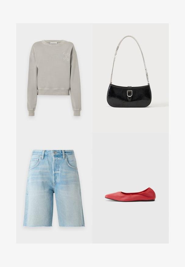 Sweatshirt court gris clair en coton doux avec des poignets côtelés, un col rond et un logo estampé "CLOSED" sur la poitrine.; Shorts en denim bleu clair à taille haute, cinq poches et ourlet brut. Texture douce et coupe classique, adaptés pour une tenue décontractée.; Filippa K REY FLATS - Ballerines - bright red; Sac à épaule en cuir verni noir avec détail de boucle argentée et bandoulière en chaîne argentée, présenté sur un fond uni clair.