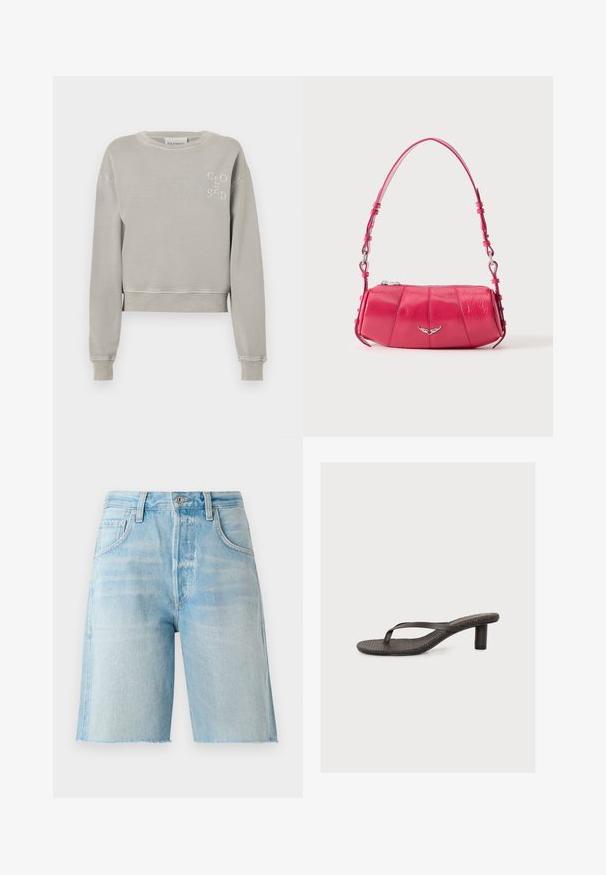 Heledhall hall gray cropitudsweater pehmeast puuvillast, ribiga äärtega, ümmarguse kaelusega ja reljeefse "CLOSED" logoga rinnal.; Heledad sinise denim-lyhendid kõrgema vöökoht, viie tasku ja toore äärisega. Pehme tekstuur ja klassikaline lõige, sobivad igapäevaseks kandmiseks.; Pruun kontsakingaga sandaal, millel on tekstuurne tald ja kitsas üksik rihm, valgel taustal.; Väike läikiv roosa nahast õlakott hõbedase tiiva embleemiga ja reguleeritava rihmaga, pealmine tõmblukuga sulgumine, valgel taustal.