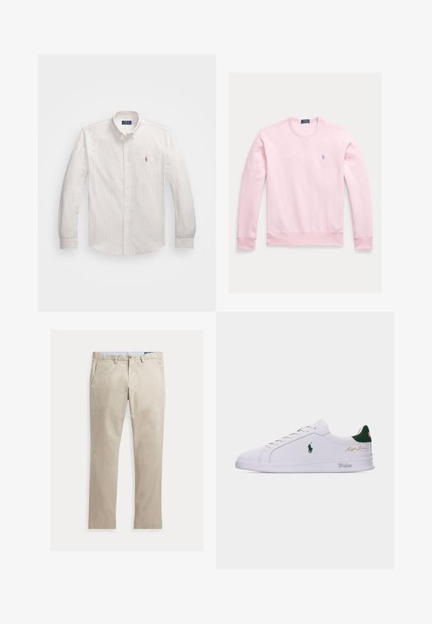 Lyserød sweatshirt lavet af bomuld, med lange ærmer, rund hals og et lille blåt, broderet logo på brystet.; Hvid skjorte med knapper og fine lodrette striber i lys beige. Har en klassisk krave, lange ærmer og et lille broderet logo på brystet.; Beige bomuldsbukser med lige ben, forlommer, bæltestropper, knaplukning og lynlås, lagt fladt på en hvid baggrund.; Hvid lavtopsneaker med grøn hælkappe, broderet Polo hestelogo på siden, "Polo" tekst på sålen og guld "Ralph Lauren" signatur på overdelen.