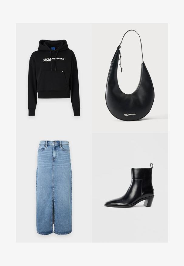 Čierna kratká mikina vyrobená z jemného materiálu, s prednou kapsou, kapucňou na sťahovanie a bielym textovým logom "KARL LAGERFELD JEANS."; Džínsová maxi sukňa vo svetlom modrom odtieni s predným rozparkom, gombíkovým zapínaním a piatimi vreckami. Obsahuje klasické švy a rovný strih.; Čierna kožená členková čižma s špicatou špičkou, geometricky tvarovaným podpätkom a pútkom na zadnej strane. Hladká textura a elegantný dizajn.; Čierna kožená kabelka na rameno v tvare polmesiaca s tenkým remienkom a strieborným zipsom, so strieborným logom "KARL LAGERFELD JEANS" na prednej strane.