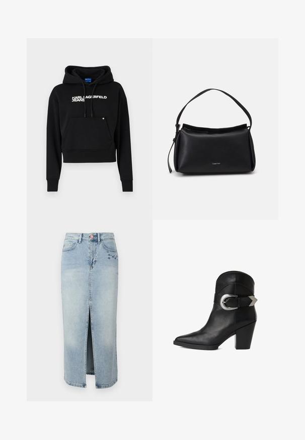 Schwarzer, gekürzter Kapuzenpullover aus weichem Material, mit einer Fronttasche, Kapuze mit Kordelzug und dem weißen Textlogo "KARL LAGERFELD JEANS."; Fabienne Chapot CARLYNE SKIRT - Jeansrock - light blue tinted; Schwarze Leder-Stiefelette mit spitzer Zehe, klobigem Absatz und einem breiten Riemen mit einer kreisförmigen silbernen Schnalle an der Seite. Glatte Textur.; Schwarze Lederhandtasche mit geschwungener Form, einem einzigen Tragegurt und einem oberen Reißverschluss. Verfügt über ein dezentes Logo auf der Vorderseite zur Markenidentifikation.