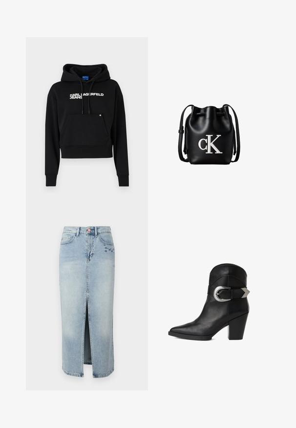 Čierna kratká mikina vyrobená z jemného materiálu, s prednou kapsou, kapucňou na sťahovanie a bielym textovým logom "KARL LAGERFELD JEANS."; Fabienne Chapot CARLYNE SKIRT - Denimová sukňa - light blue tinted; Čierne kožené členkové topánky s špicatou špičkou, masívnym podpätkom a širokým remienkom so zaoblenou striebornou sponou na boku. Hladká textúra.; Čierna kožená bucket taška so sťahovacou šnúrkou na vrchu a bielym logom "cK" na prednej strane, vybavená nastaviteľným ramenným popruhom.