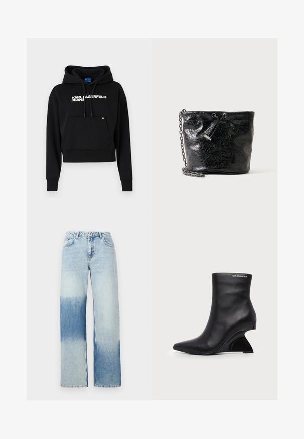 Čierna kratká mikina vyrobená z jemného materiálu, s prednou kapsou, kapucňou na sťahovanie a bielym textovým logom "KARL LAGERFELD JEANS."; Svetlomodré rifľové nohavice s širokým strihom, ktoré majú prechodovú farbu od svetlomodrej po tmavomodrú, päť vreciek a zapínanie na gombík.; Čierna kožená členková topánka s zakriveným sochárskym podpätkom a logom Karl Lagerfeld blízko hornej hrany na bielom pozadí.; Čierna lesklá kožená kabelka typu bucket s uzáverom na šnúrku a kovovým reťazovým remienkom na jednofarebnom pozadí.