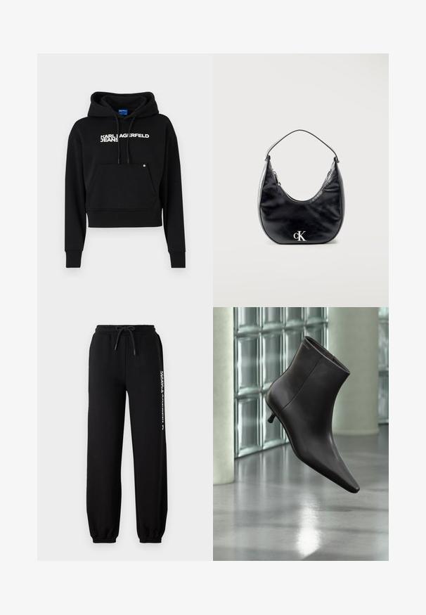 Sort cropped hoodie lavet af blød stof, med en fronlomme, snor i hætten og hvid tekstlogo "KARL LAGERFELD JEANS."; Sorte sweatpants med elastisk talje, justerbar snor og tætsiddende manchetter. Har et hvidt logo trykt på venstre side.; Sort læderankelstøvle med spids tå og lille hæl vist mod en væg af glasblokke og poleret gulv baggrund.; Sort lædertaske i halvmåneform med kort strop og sølvfarvet "cK"-logo foran, lynlåslukning i toppen.