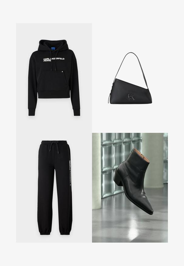Sudadera negra cortada hecha de un tejido suave, con un bolsillo frontal, capucha con cordón y el logo en texto blanco "KARL LAGERFELD JEANS."; Pantalones de chándal negros con cinturilla elástica, cordón ajustable y puños ceñidos. Presenta un logo blanco impreso en el lado izquierdo.; Botín de piel negra con puntera puntiaguda y tacón cuadrado que levita sobre un suelo gris reflectante cerca de una pared de bloques de cristal.; Bolso de mano de cuero negro con un diseño angular, que presenta un distintivo logo K en plata, una sola correa para el hombro y una textura suave.