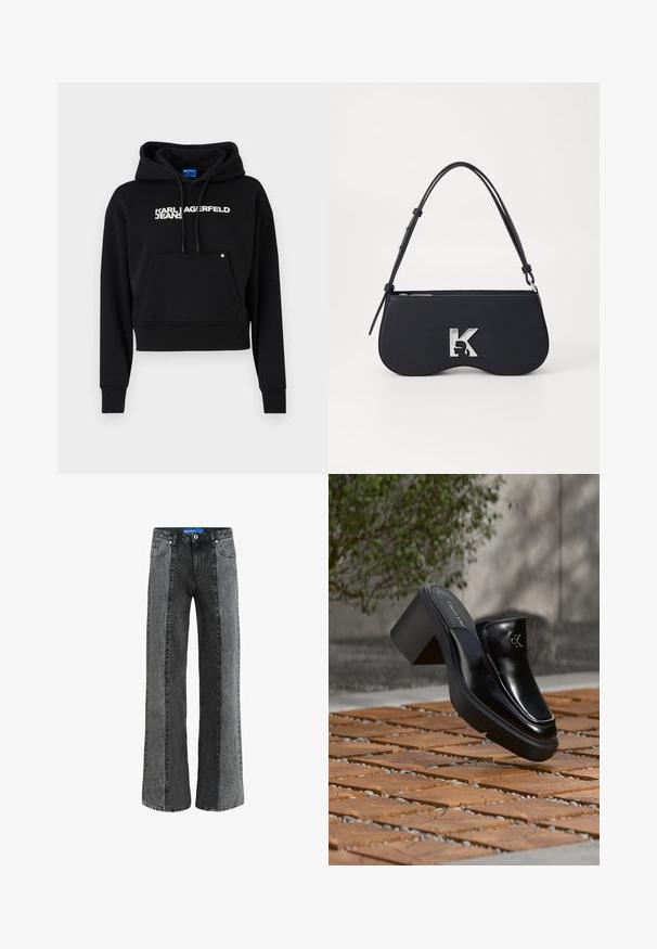 Sudadera negra cortada hecha de un tejido suave, con un bolsillo frontal, capucha con cordón y el logo en texto blanco "KARL LAGERFELD JEANS."; Jeans de pierna ancha en denim negro y gris. Presentan una cintura alta con cierre de botón, cinco bolsillos y paneles verticales en contraste.; Mule tipo slip-on de cuero negro de Calvin Klein con tacón de bloque descansando sobre baldosas de madera al aire libre cerca de una planta verde y una pared gris.; Bolso negro con forma curva, material texturizado, logotipo plateado y una correa delgada. Cierre superior con cremallera y características de diseño minimalista.