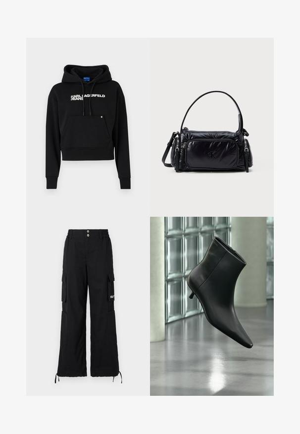 Sort cropped hoodie lavet af blød stof, med en fronlomme, snor i hætten og hvid tekstlogo "KARL LAGERFELD JEANS."; Sort cargobukser med en afslappet pasform, der har flere sidelommer, elastisk talje og justerbare snore ved kanten.; Sort læderankelstøvle med spids tå og lav kitten-hæ, vist vinklet mod en poleret gulv- og glasblokvæg.; Sort nylon håndtaske med et puffet design, rund skulderrem, frontlomme med lynlås og et subtilt logo prentet på forsiden.