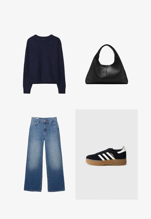 Marineblauer gestrickter Pullover, weiche Textur, runder Ausschnitt, überschnittene Schultern, kürzere Länge, gerippte Bündchen und Saum.; Blaue Jeans im Weitbein-Stil aus Denim mit vorderem Knopf und Reißverschluss, ausgestattet mit Front- und Gesäßtaschen sowie leichter Verwaschung an den Oberschenkeln.; Schwarzer Wildledersneaker mit weißen drei Streifen und goldfarbenem Logo. Gummisohle mit strukturiertem Grip. Klassisches Low-Top-Design, abgerundete Zehenkappe.; Schwarze Handtasche aus strukturiertem Leder mit breitem Boden und dicken, abgerundeten Griffen, ausgestattet mit einer zentralen vertikalen Naht und feinen Steppnähten.