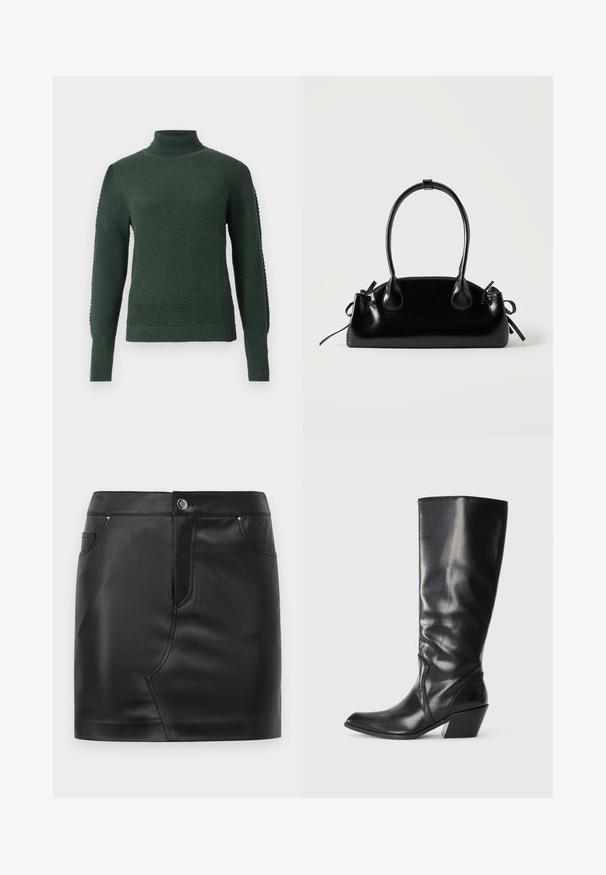 Pull vert foncé avec un col montant, motif tricoté texturé, manches longues et poignets et ourlet côtelés.; Mini-jupe en simili cuir noir avec un bouton à l'avant, fermeture éclair, poches avant et arrière, et détails de couture.; Botte en cuir noir montante jusqu'au genou avec un bout pointu, un talon angulaire et une texture lisse. Présente une subtile couture sur le côté.; Petit sac à main noir brillant avec deux longues anses et des détails à cordon sur les côtés sur un fond clair uni.