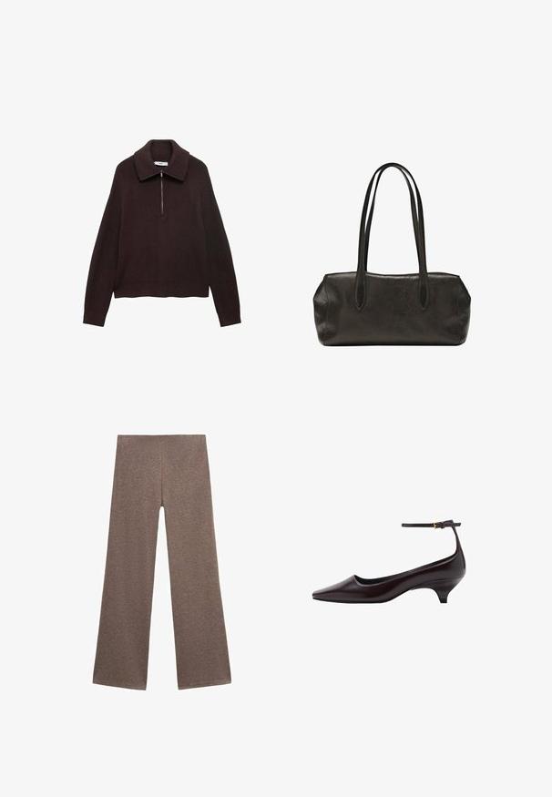 Pull en tricot marron avec un large col, fermeture à demi-zip à l'avant et épaules tombantes. Présente une texture côtelée et une longueur crop.; Pantalons larges marron en tissu doux et texturé. Le design présente une taille haute et une coupe ample, idéale pour un look décontracté.; Chaussure à talon aiguille en cuir brun foncé, à bout pointu, avec une fine bride de cheville et une petite boucle dorée.; Sac à main rectangulaire en cuir noir avec longues bretelles doubles et finition texturée, présenté sur un fond blanc uni.