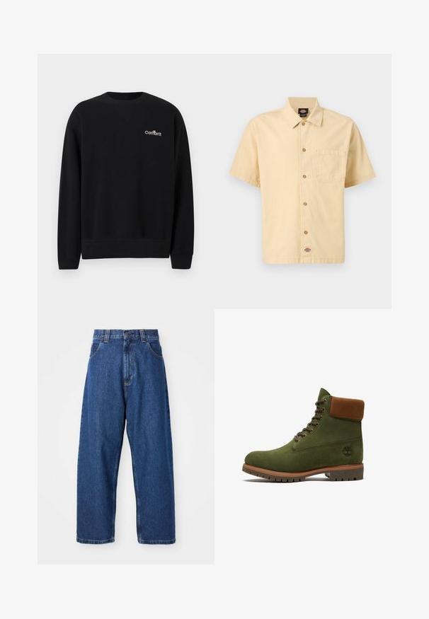 Sort crewneck-sweatshirt med lange ærmer og lille hvid Carhartt-logo på venstre bryst, ribstrikkede manchetter og kant.; Beige kortærmet skjorte med knapper foran, spids krave, brystlomme på venstre side og mærkelogo på bunden foran.; Denimwide-leg jeans i mørkeblå. Har høj talje, bæltestropper og klassisk fem-lommers design. Syet kant med en ren finish.; Grøn ruskindsstøvle med snørebånd, brun polstret krave, robust sål og Timberland-logo på siden.