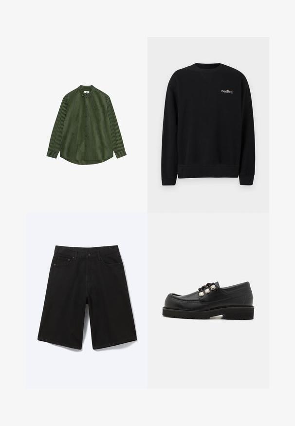 Sort crewneck-sweatshirt med lange ærmer og lille hvid Carhartt-logo på venstre bryst, ribstrikkede manchetter og kant.; Langærmet skjorte i mørkegrønne og marineblå lodrette striber, med en knappet krave, lomme på venstre bryst og en buet kant.; Sorte denim shorts til knæet med frontknap, bæltestropper og fem lommer, vist mod en hvid baggrund.; Sorte læder loafers med rund tå, der har tre metalliske detaljer og en tekstureret sål for godt greb. Glat overdel og syet detalje.
