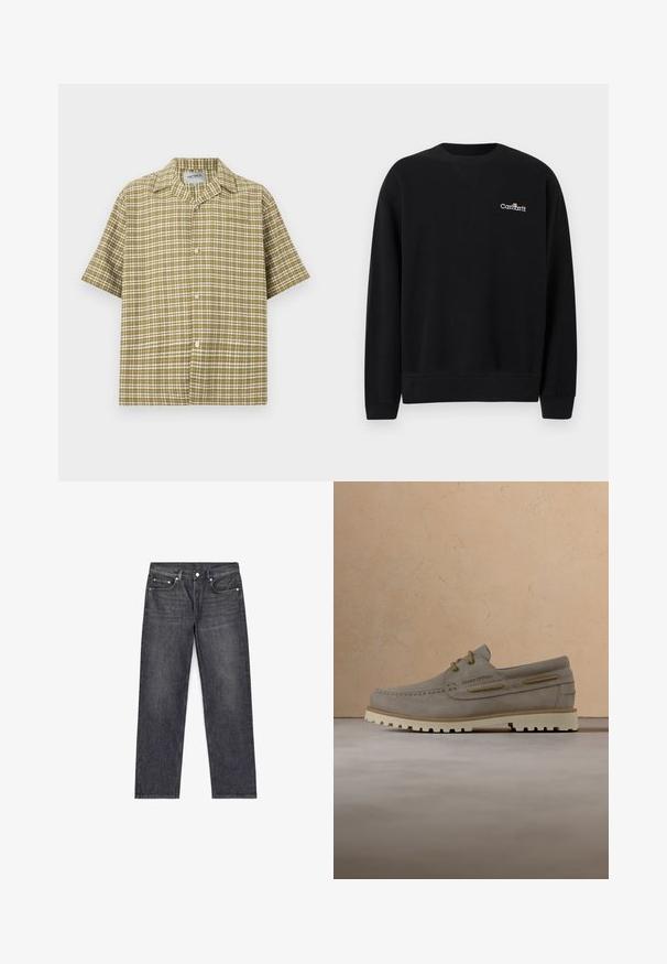 Sweat-shirt noir à col rond avec manches longues et petit logo blanc Carhartt sur le côté gauche de la poitrine, poignets et ourlet côtelés.; Chemise à manches courtes boutonnée avec un motif à carreaux olive et blanc et un col camp, présentée sur un fond clair uni.; Jean en denim gris foncé avec coupe droite, cinq poches, bouton supérieur et légère décoloration au niveau des cuisses. Design épuré, sans ornements.; Mocassin en suède marron clair avec des lacets beige et une semelle blanche robuste, présenté flottant au-dessus d'un tapis beige dans une pièce minimaliste.