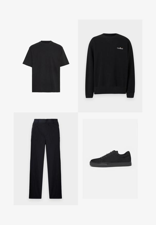 Čierna mikina s okrúhlym výstrihom, dlhými rukávmi a malým bielym logom Carhartt na ľavej strane hrude, rebrované manžety a lem.; Čierne bavlnené tričko, krátke rukávy, okrúhly výstrih, ľahké, voľný strih, hladká textúra, žiadne viditeľné vzory ani akcenty.; Čierne nohavice z ľahkého textúrovaného materiálu, s priamym strihom, elastickým pásom a bočnými zipsovými vreckami.; Čierny nízky športový topánok s predným šnurovaním a plochou gumovou podrážkou, zobrazený z boku na bielom pozadí.
