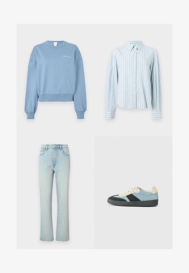 Sweatshirt en coton bleu avec un col rond et des manches longues. Présente un logo Calvin Klein en blanc sur la poitrine. Poignets et ourlet côtelés.; Chemise boutonnée bleu clair avec fines rayures verticales bleu marine et manches longues, dotée d'un col pointu et de poignets boutonnés.; Jean bleu clair taille haute à jambes droites avec bouton avant, passants de ceinture et design classique à cinq poches sur fond uni.; Baskets basses en suède bleu clair, vert foncé et beige avec semelle noire et lacets beiges, présentées de l'extérieur.