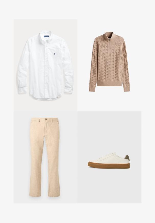 Beige kabelstriktrøje med høj krave og lynlås halvvejs. Har struktureret mønster samt ribbede manchetter og kant.; Hvid skjorte med lange ærmer, knapper og krave, med lille mørkt logo på venstre bryst, lagt fladt på en lys baggrund.; Beige lige-lange hørbukser med knap- og lynlås lukning, bæltestropper og forlommer på hvid baggrund.; Hvide lædersneakers med rund tå, gummisål og olivengrøn hælaccent. Har snørelukning og minimal syning.