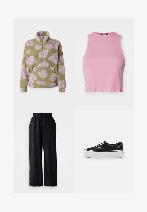 Olivengrøn fleece-pullover med lavendelblomstermønster, kvart-lynlås krave og front kengurulomme.; Rosa ribbet crop top med rund halsudskæring og ærmeløs design. Har en kant, der slutter lige over taljen.; Sorte brede bukser med elastisk linning, lavet af blødt stof, der har en glat tekstur og rene designlinjer.; Sort lærred sneakers med en hvid gummi platform sål, der har hvide snørebånd og syninger, ikonisk branding på siden, lav-top design.