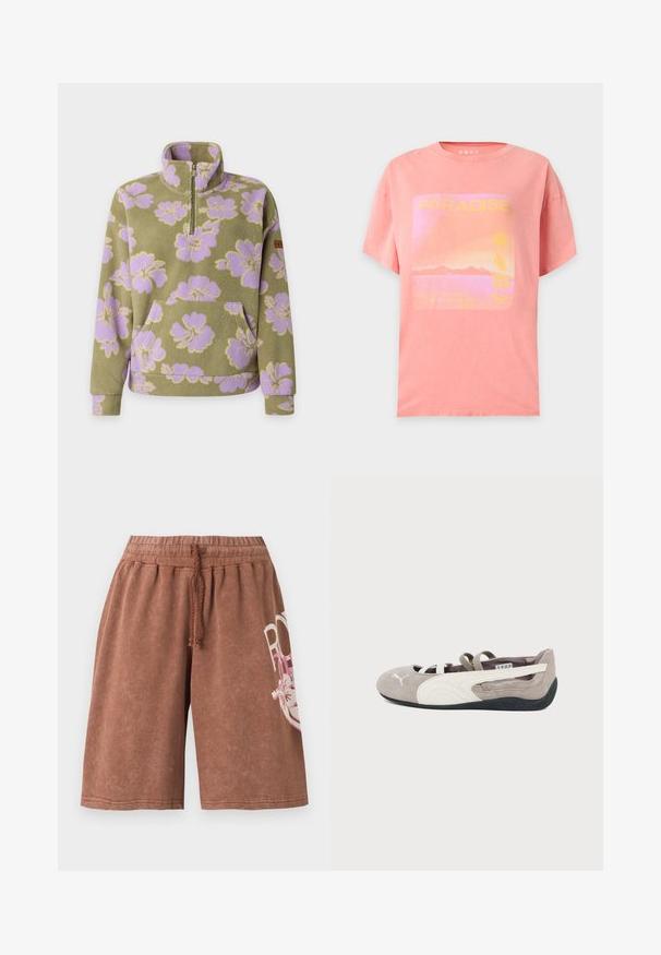 Pull polaire vert olive avec motif floral lavande, col avec fermeture éclair au quart, et poche kangourou devant.; T-shirt rose à manches courtes avec un graphique de coucher de soleil montrant des montagnes, un soleil, des fleurs et le mot "PARADISE" en lettres jaunes.; Shorts marron jusqu'au genou avec taille élastique et cordon, avec un motif textuel floral blanc et rose partiel sur la jambe droite.; Ballerine plate en daim brun clair avec logo Puma blanc, bande latérale blanche, sangles élastiques et semelle en caoutchouc noire.