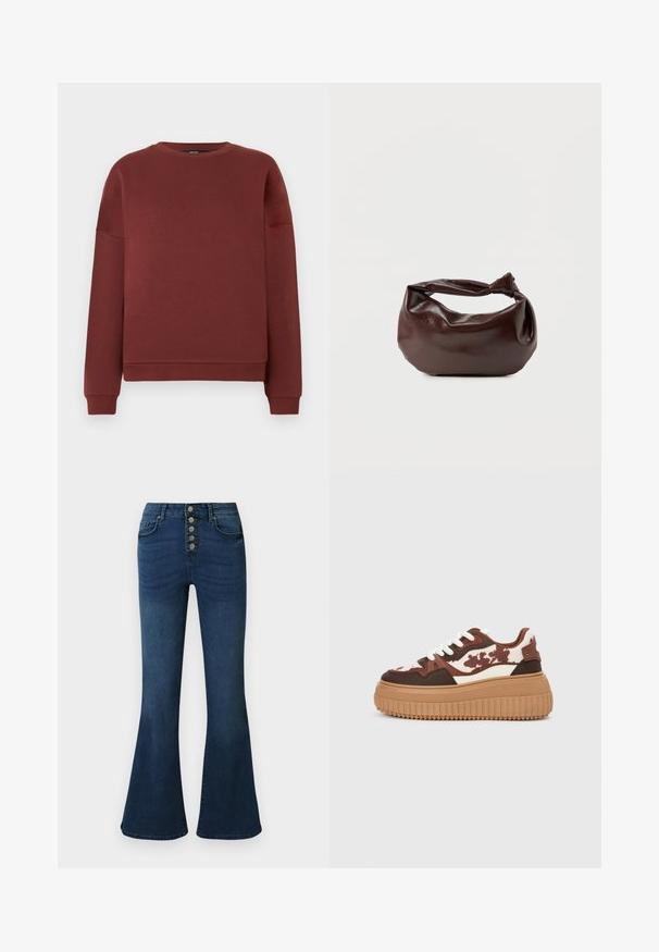 Donkerrode sweatshirt van zachte stof met een ronde halslijn, lange mouwen en een losse pasvorm. Geribbelde manchetten en zoom. Glad textuur.; Donkerblauwe denim flared jeans met een hoge taille en een sluiting met vijf knopen aan de voorkant. Soepele textuur met subtiele vervaging en stiksel details.; Platform sneakers met een bruin en crèmekleurig camouflagepatroon, contrasterende tan zolen en witte veters. De bovenkant heeft gemengde materialen en texturen.; Donkerbruine leren schoudertas met een zachte, slungelige vorm en een gedraaide knoopvormige handgreep op een effen witte achtergrond.