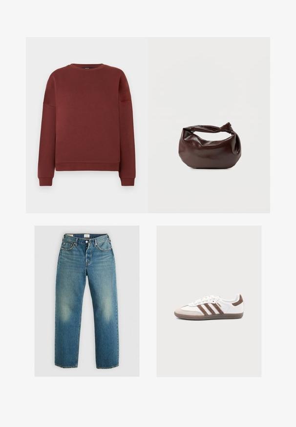 Bordeauxroter Pullover aus weichem Stoff mit rundem Ausschnitt, langen Ärmeln und lockerem Schnitt. Gerippte Bündchen und Saum. Glatte Textur.; Levi's® 501® '90S ANKLE - Jeans Straight Leg - blank slate; Weißer Adidas Samba Sneaker mit braunen Veloursstreifen, brauner Velourspitze und Gummisohle auf hellgrauem Hintergrund.; Dunkelbraune Lederschultertasche mit weicher, lockerer Form und einem gedrehten Knotengriff vor schlichtem weißem Hintergrund.