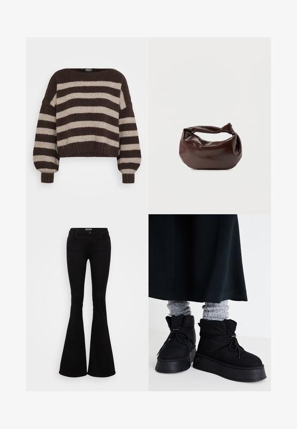 Braun und beige gestreifter, breiter, horizontaler Strickpullover mit langen Ballonärmeln sowie gerippten Bündchen und Saum.; Schwarze Flared-Jeans aus Stretch-Denim, mit einer taillierten Taille, vorderen und hinteren Taschen sowie einem Knopfverschluss an der Taille.; Schwarze, gepolsterte Knöchelstiefel mit flachen Sohlen, Schnürsenkeln und auffälligen Nähten. Kombiniert mit grauen, gerippten Socken, die hervorlugen, und getragen zu einem dunklen Rock.; Dunkelbraune Lederschultertasche mit weicher, lockerer Form und einem gedrehten Knotengriff vor schlichtem weißem Hintergrund.