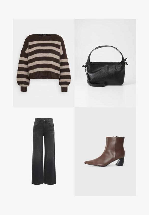 Pull en tricot rayé large horizontal marron et beige avec de longues manches ballon et finitions côtelées aux poignets et à l'ourlet.; Jean noir taille haute à jambes larges avec poches avant, passants pour ceinture et fermeture à bouton.; RAID DEBRA - Boots à talons - brown; Sac à main en cuir noir au design structuré, avec une poignée arrondie et une bandoulière amovible. Présente une texture lisse et un éclat subtil.
