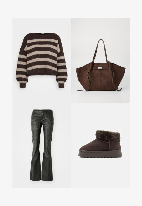Braun und beige gestreifter, breiter, horizontaler Strickpullover mit langen Ballonärmeln sowie gerippten Bündchen und Saum.; Schwarze Kunstleder-Flared-Jeans mit Fronttaschen, einem Metallknopfverschluss und einer leicht strukturierten Oberfläche. Schmaler Schnitt mit langem Bein.; Braune Wildleder-Ankle Boots mit Kunstfellkragen, abgerundeter Zehenpartie und strukturiertem Gummisohle. Verfügt über einfache Nähte und ein niedriges Design.; Braune Wildleder-Tasche mit breiter, strukturierter Form, doppelten Griffen und einem silberfarbenen Verschluss in der Mitte. Texturierte Oberfläche mit minimalen Akzenten.