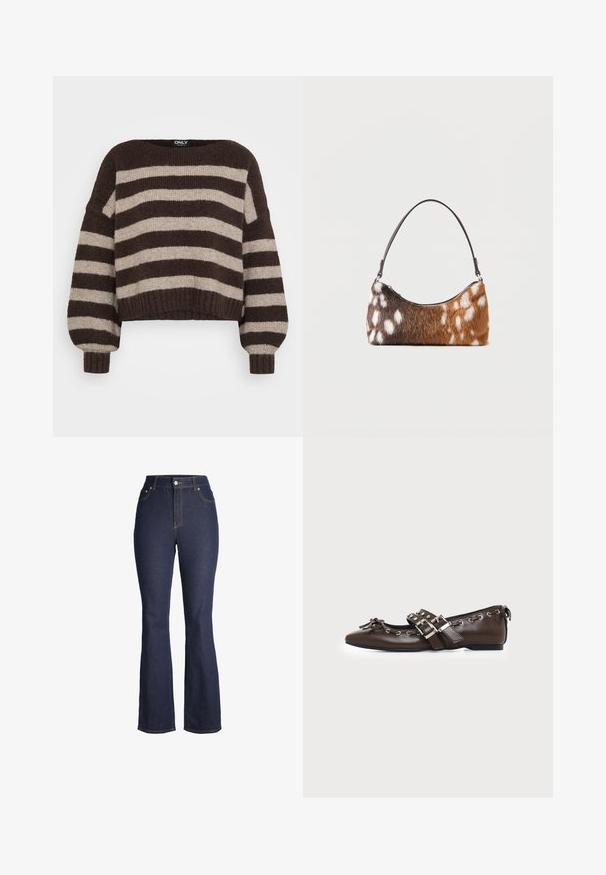Pull en tricot rayé large horizontal marron et beige avec de longues manches ballon et finitions côtelées aux poignets et à l'ourlet.; Jean denim bleu foncé taille haute avec bouton et fermeture éclair à l'avant, poches avant et jambes légèrement évasées.; Chaussure plate en cuir marron foncé avec bout pointu, doubles brides à boucles argentées, œillets métalliques et nœud décoratif à l'avant.; Sac à bandoulière en fausse fourrure tachetée marron et blanche avec une fine sangle noire, présenté sur un fond blanc.