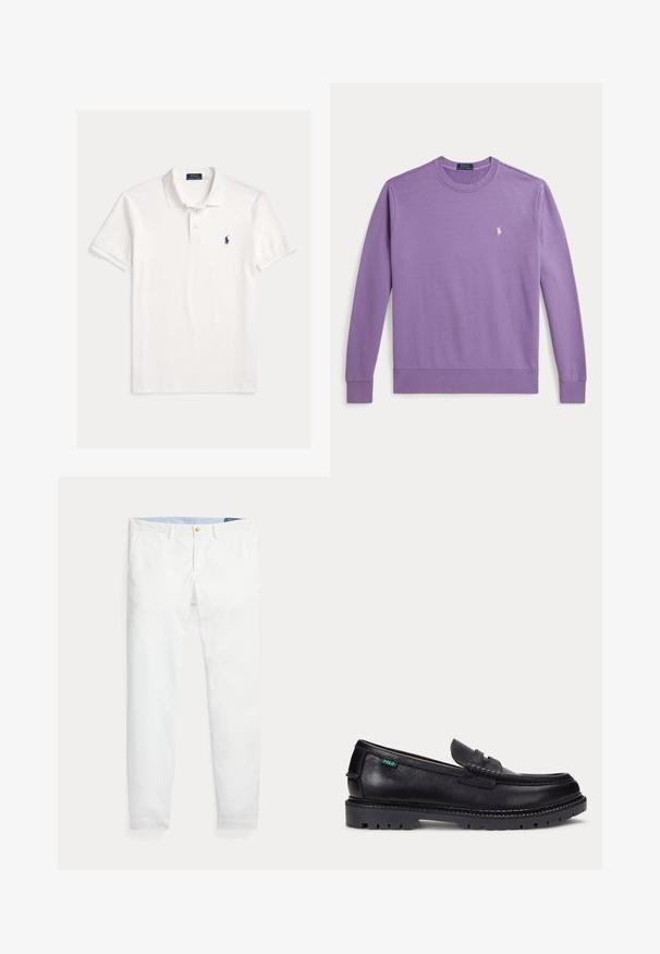 Lila Sweatshirt mit langen Ärmeln und Rundhalsausschnitt mit kleinem weißem Polo Ralph Lauren-Logo auf der linken Brust.; Weißes Polo Ralph Lauren Kurzarmhemd mit Kragen, Zweiknopfleiste und kleinem dunkelblau besticktem Pferdelogo auf der linken Brust.; Weiße Baumwoll-Chinos mit schmaler Passform, ausgestattet mit einem einzigen goldfarbenen Knopfverschluss und einem hellblauen inneren Bund. Glatte Textur ohne Muster.; Schwarzer Lederloafer mit dicker Profilsohle und kleinem grünen "Polo"-Etikett an der Außenseite nahe der Ferse.