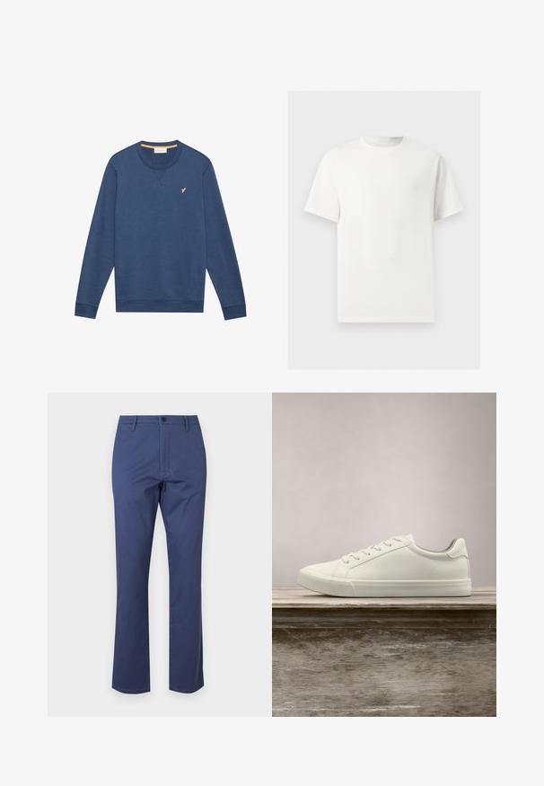 Sweatshirt à col ras du cou bleu marine à manches longues avec un petit logo d'oiseau jaune sur la poitrine gauche et des poignets et un ourlet côtelés.; T-shirt blanc uni à manches courtes et col rond présenté sur un fond gris clair.; Pantalon en coton bleu marine avec une fermeture éclair, poches avant et une coupe droite. Texture lisse avec une fermeture à bouton à la taille.; Sneaker en dentelle blanche flottant au-dessus d'un banc en bois avec un feuillage vert en arrière-plan, mettant en valeur le design et la texture de la chaussure.