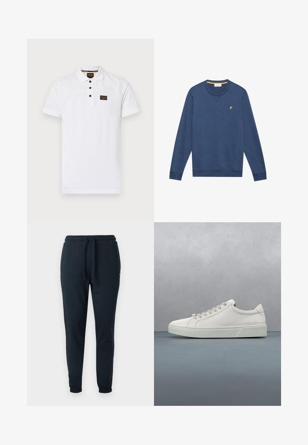 Donkerblauwe sweatshirt met lange mouwen en ronde hals, voorzien van een klein geel vogellogo op de linkerborst, en ribgebreide manchetten en onderkant.; Witte polo shirt gemaakt van gestructureerd katoen, met een drieknops sluiting, korte mouwen en een zwart logo op de borst.; Donkerblauwe joggingbroek van katoenmix, met een elastische tailleband met trekkoord en boorden bij de enkels. Klein geel logodetail.; Witte leren sneaker met een ronde neus, minimalistisch ontwerp, grijze veters en een gestructureerde grijze rubberen zool. Fijne stikdetails zichtbaar.