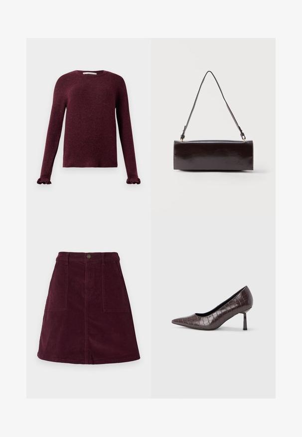 Pull en tricot bordeaux à manches longues avec des poignets volants et un col rond sur un fond uni.; Jupe trapèze en velours côtelé bordeaux avec deux poches avant, une fermeture par bouton à la taille et une surface texturée.; Escarpins à bout pointu en similicuir marron avec une texture crocodile, dotés d’un talon fin et angulaire ainsi que d’une doublure intérieure lisse.; Sac à main rectangulaire en cuir noir avec une longue bandoulière unique et une finition brillante, présenté sur un fond blanc uni.