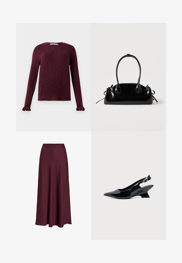 Burgunderroter Strickpullover mit langen Ärmeln, Rüschensaum und rundem Halsauschnitt auf einem einfarbigen Hintergrund.; Burgunderfarbene Satin-Maxikleid mit glatter Textur, hoher Taille und fließender Silhouette, die sich sanft zur Saumkante hin ausläuft.; Schwarzer Slingback-Schuh aus Lackleder mit spitzer Spitze und niedrigem, schrägem Blockabsatz auf einfachem hellem Hintergrund.; Kleine schwarze glänzende Handtasche mit zwei langen Griffen und seitlichen Kordelzug-Details vor einfachem hellem Hintergrund.