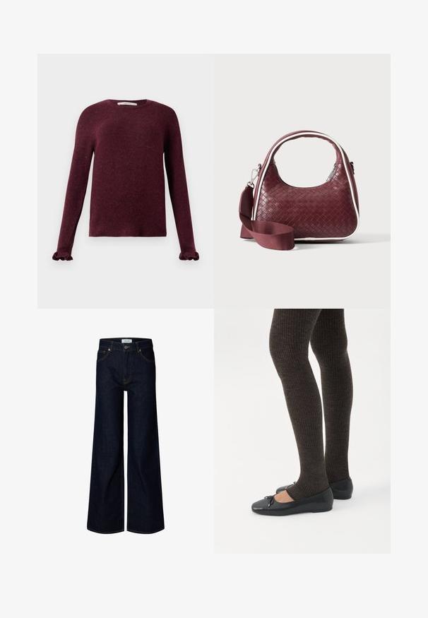 Bordeaux kleurige trui met lange mouwen, geribbelde manchetten en een ronde halslijn op een effen achtergrond.; Donkerblauwe denim jeans met wijde pijpen, vooraan met knoop en ritssluiting, riemlussen en voorzakken, weergegeven op een witte achtergrond.; Benen met donkere geribbelde leggings gecombineerd met zwarte ballerina's met kleine strikdetails op een witte achtergrond.; Donkerrode geweven leren handtas met gebogen handvat, witte bies, zilveren rits en afneembare brede stoffen schouderriem tegen een effen achtergrond.