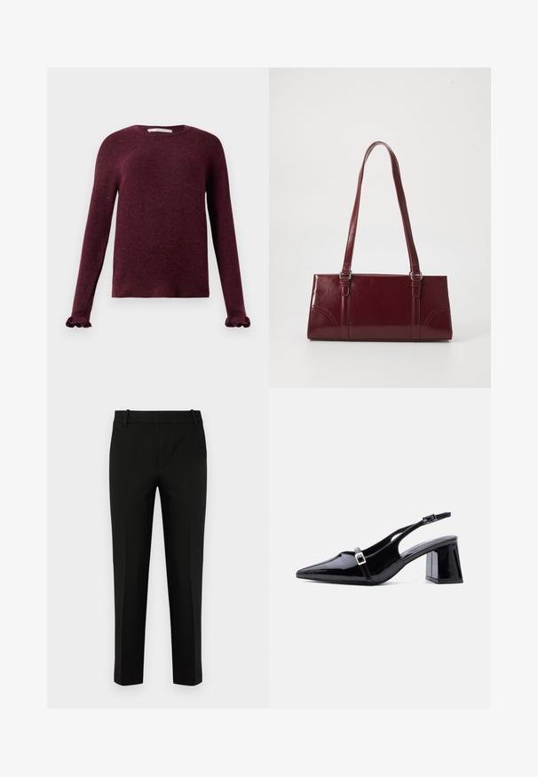 Langærmet burgunder striktrøje med flæsemanchetter og rund halsudskæring på en ensfarvet baggrund.; Sort bukser med slim fit, der har flad front, sidelommer og en glat tekstur. Designet med mellemhøj talje og tapered ben.; Sort laklæder slingback-hæl med spids tå, lav blokhæl og to små sølvspænder på stropperne.; Bordeaux håndtaske lavet af glansfuldt materiale, rektangulær form, med to skulderremme og subtile buede detaljer på forsiden.