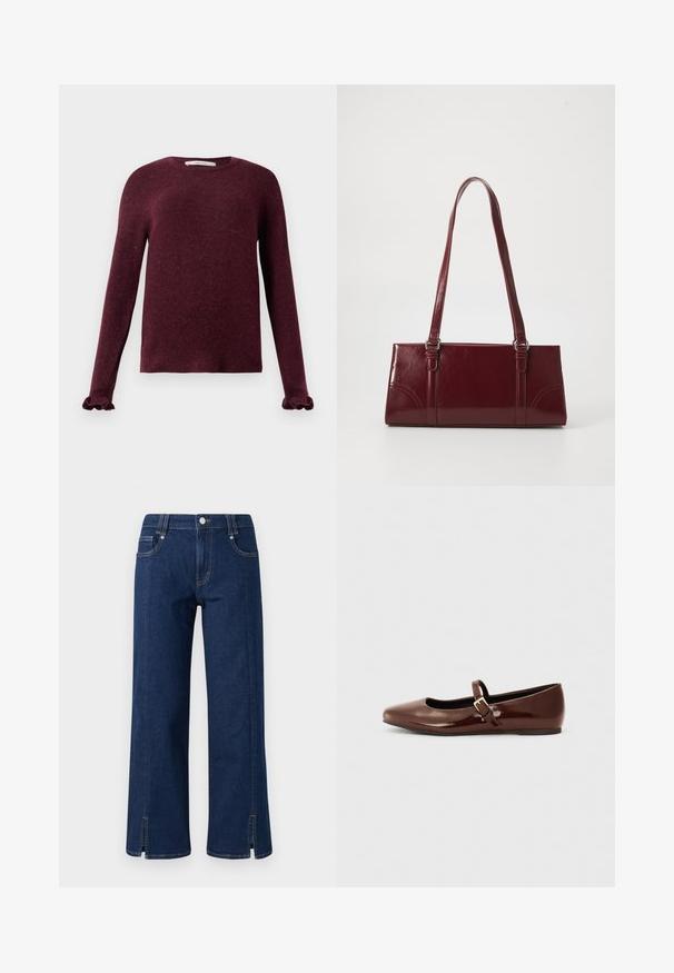 Burgunderroter Strickpullover mit langen Ärmeln, Rüschensaum und rundem Halsauschnitt auf einem einfarbigen Hintergrund.; Dunkelblaue Denim-Jeans mit weitem Bein und hoher Taille, mit seitlichen Taschen, einem Frontknopfverschluss und Schlitzsäumen für zusätzliche Details.; Braune Lackleder-Ballerinas mit quadratischer Zehenform und Riemen mit einer kleinen goldenen Schnalle. Glatte Textur, niedriger Absatz und minimalistisches Design.; Burgunderfarbene Handtasche aus glänzendem Material, rechteckige Form, mit zwei Schulterriemen und subtilen, geschwungenen Akzenten an der Vorderseite.
