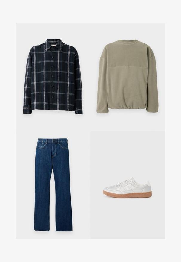 Olivengrønt fleece sweatshirt med rund hals, lange ærmer, afslappet pasform og en samlet kant for ekstra tekstur.; Sort og mørkeblå ternet langærmet skjorte med hvide striber, knaplukning foran og spids krave.; Mørkeblå denim jeans, lige ben design, mellemhøj talje, klassisk fem-lomme stil og let falmning, med en metal-knaplukning.; Sølv sneakers med en glat overflade, snørebånd, perforerede detaljer og en struktureret brun gummi sål.