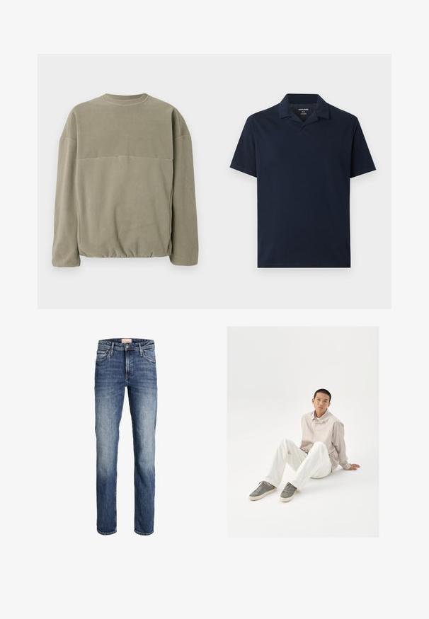 Olivengrønt fleece sweatshirt med rund hals, lange ærmer, afslappet pasform og en samlet kant for ekstra tekstur.; Marineblå kortærmet poloshirt med krave, åben V-hals og mellemvægtstof, lagt fladt på en lys grå baggrund.; Straight-leg blå jeans med let falmning på lår og knæ, frontlukning med knap og lynlås samt femlommesdesign.; Beige skjorte med knapper, hvide bukser og grå sneakers. Skjorten har en løs pasform, og sneakersne har en struktureret overflade og snørebåndsdesign.
