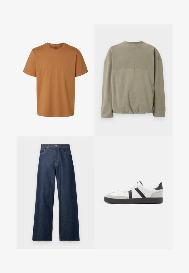 Olivengrønt fleece sweatshirt med rund hals, lange ærmer, afslappet pasform og en samlet kant for ekstra tekstur.; Enkelt brun kortærmet bomulds-T-shirt med rund hals og almindelig pasform, mærket "Selected Homme" inde i kraven.; Vidbenede jeans lavet af mørkt denim med orange syninger, som har fem lommer, en knaplukning foran og en lige silhuet.; Hvide sneakers med sorte og grå detaljer, med en tekstureret grå tåhætte, sort gummisål og flade hvide snørebånd. Rent design, minimalistisk stil.