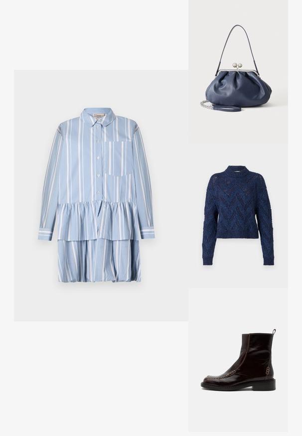 Henrik Vibskov Strickpullover - flat navy; Hellblaues Hemdkleid mit weißen vertikalen Streifen, rüschigem Saum, langen Ärmeln und einer aufgesetzten Tasche auf der linken Seite.; Dunkelbrauner Lederknöchelstiefel mit Mokassin-ähnlicher Naht, seitlichen Schnallendetails und niedrigem, gestapeltem Absatz auf weißem Hintergrund.; Weiche navyblaue Ledertasche mit silberner Verschlussklammer, einem einzelnen Schulterriemen und abnehmbarem Ketten-Handgelenksriemen auf weißem Hintergrund.