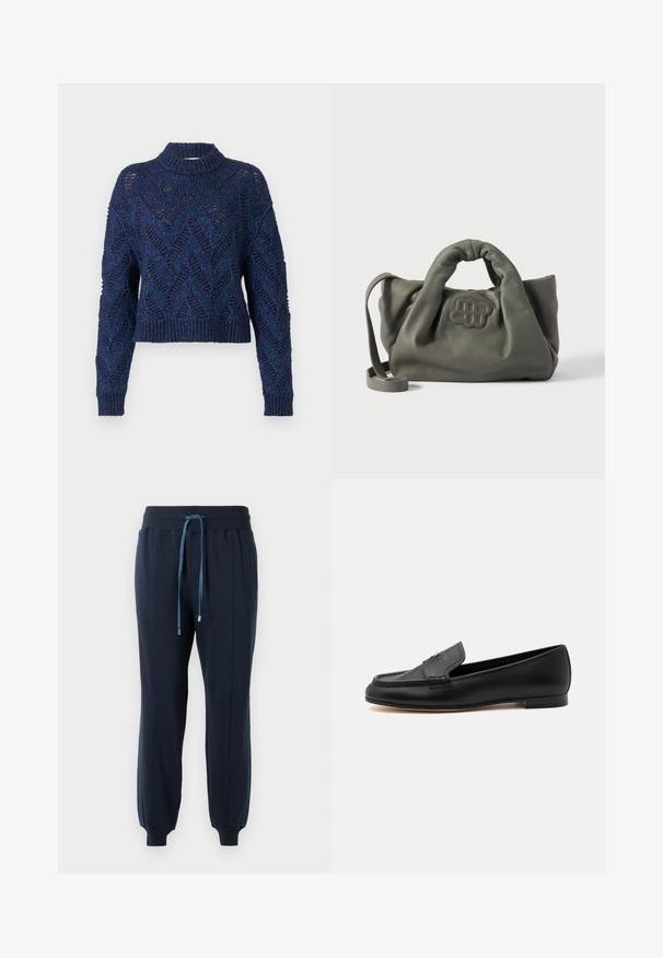 Henrik Vibskov Trui - flat navy; Marineblauwe joggingsbroek met elastische tailleband, voorzakken, blauwe trekkoorden, zijkanten met strepen en ribgebreide boorden bij de enkels.; Zwarte leren loafer met lage hak, gestikte details en een klein metalen accent op de bovenkant.; Groene leren handtas met een zachte, gekreukte uitstraling, voorzien van een gestikt logo en een kort handvat, evenals een afneembare schouderband.