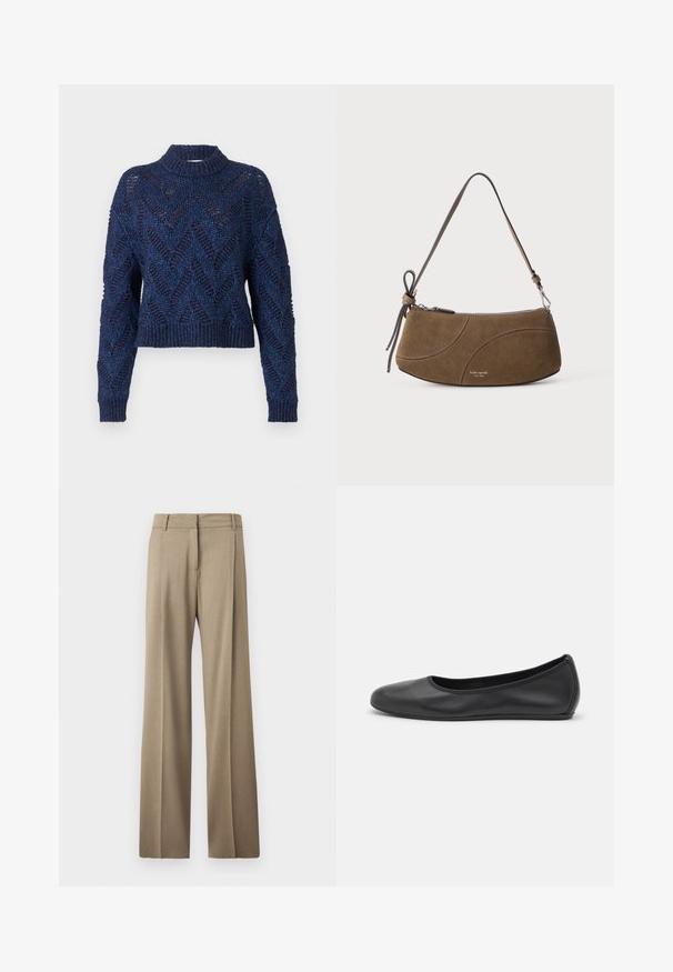 Henrik Vibskov Jersey de punto - flat navy; Pantalones de pierna ancha en un tejido marrón claro. Presentan una textura suave, pliegues bien planchados y un diseño de cinturilla plana en la parte delantera.; Bailarina de piel negra con punta redondeada, textura suave, detalle de costura minimalista y diseño de suela flexible.; Bolso de hombro de ante marrón con correa corta, cierre de cremallera y detalles sutiles de costura curva.