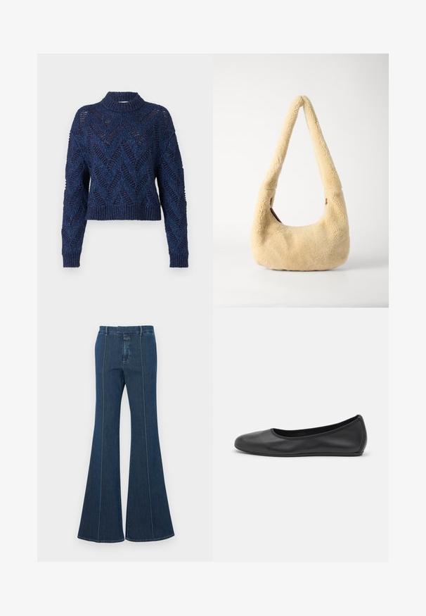 Henrik Vibskov Striktrøje - flat navy; Mørkeblå denim flare bukser med strukturerede sømme og en ren finish. Har en mellem-høj talje og brede, svungne ben.; Sort læderballetsko med rund tå, glat tekstur, minimal syning og et fleksibelt såldesign.; Beige shearling skuldertaske med et buet håndtag og en afrundet form. Teksturen er blød og fyldig, med minimale hardware-details.