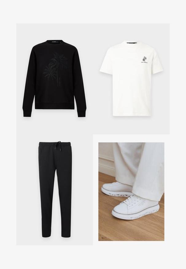 Sudadera negra de manga larga con cuello redondo, con un sutil diseño en relieve de palmeras y un pequeño texto vertical con el nombre de la marca en el centro frontal.; Camiseta blanca de manga corta con pequeño logo negro de palmera y texto "KARL LAGERFELD" en el pecho izquierdo, con cuello redondo.; Pantalones jogger negros de ajuste entallado con cintura elástica, cordón y bolsillos laterales, mostrados sobre un fondo claro y sencillo.; Zapatillas blancas bajas con suelas recortadas únicas, usadas con pantalones de color claro sobre un suelo de madera.